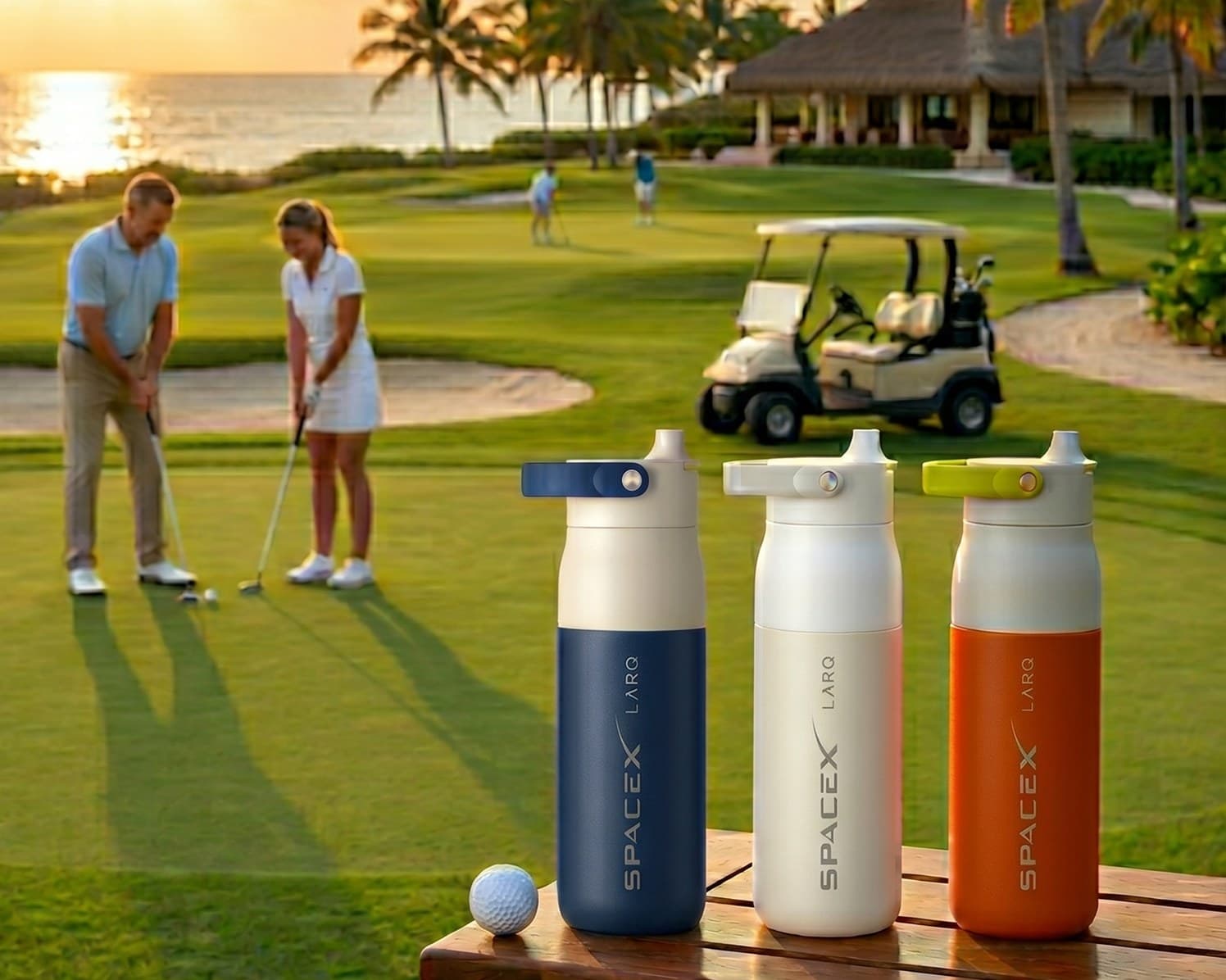 Custom SpaceX LARQ bottles on a golf course