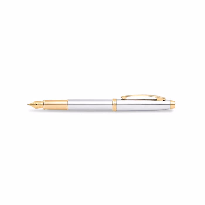 Sheaffer 100 Chrome with Gold Trims Fountain Pen - Medium - Chrome Gold Trims - Medium