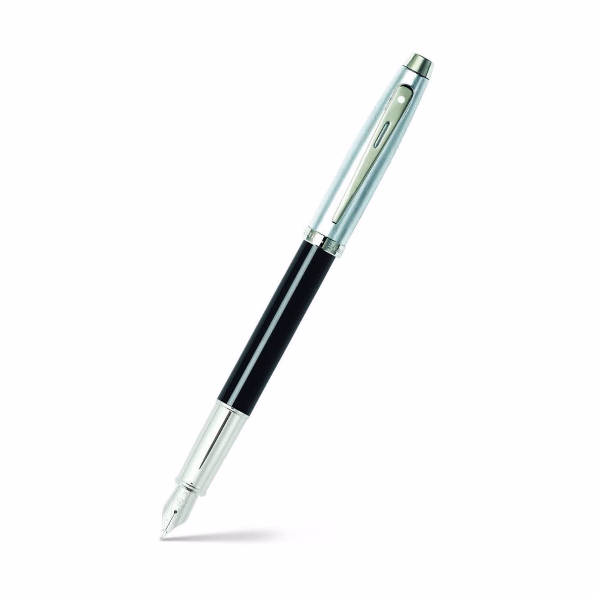 Sheaffer 100 Black and Chrome Fountain Pen With Chrome Trims - Fine - Glossy Black barrel with Brushed Chrome cap featuring Chrome-plated appointments