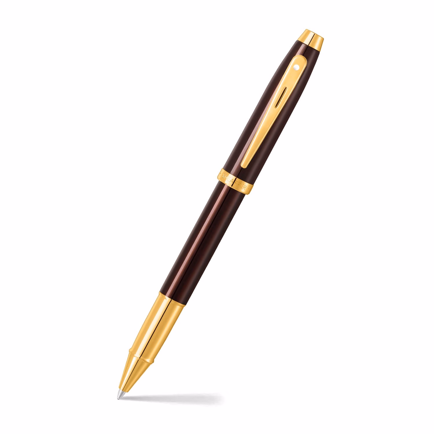Sheaffer 100 9370 Glossy Coffee Brown Rollerball Pen With PVD Gold-Tone Trim image 1