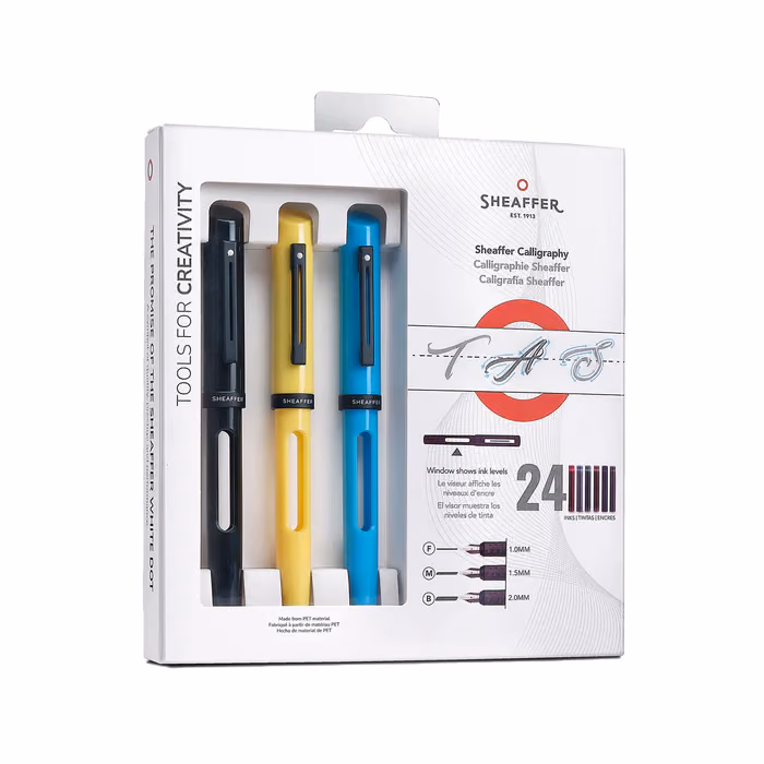 Sheaffer Calligraphy Glossy Black, Blue and Yellow Fountain pens Maxikit in Hangsell - F, M, B nibs image 1