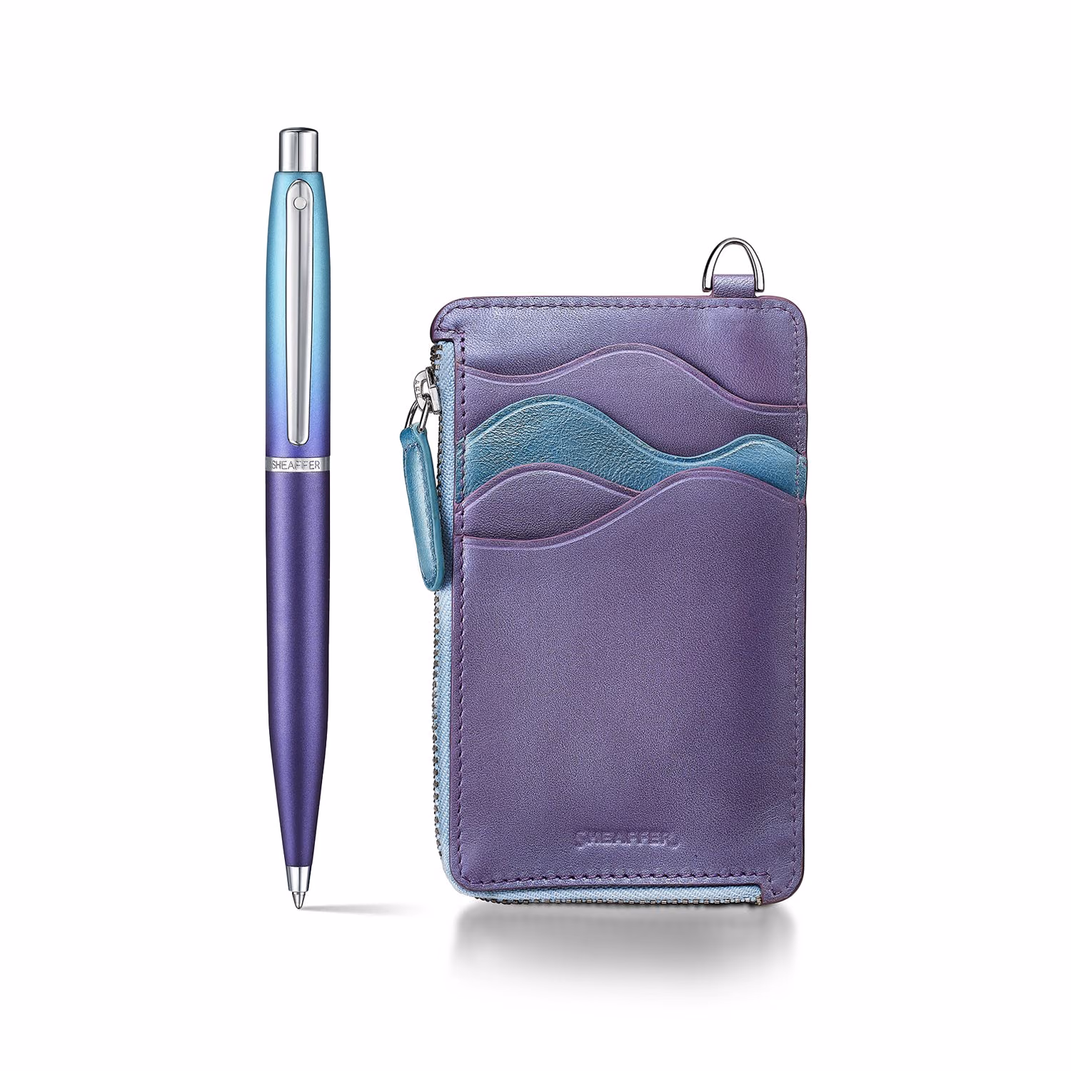 Sheaffer Gift Set . Expressions VFM Blue Purple Pearlised Gradient Genuine Leather Card Ballpoint image 2