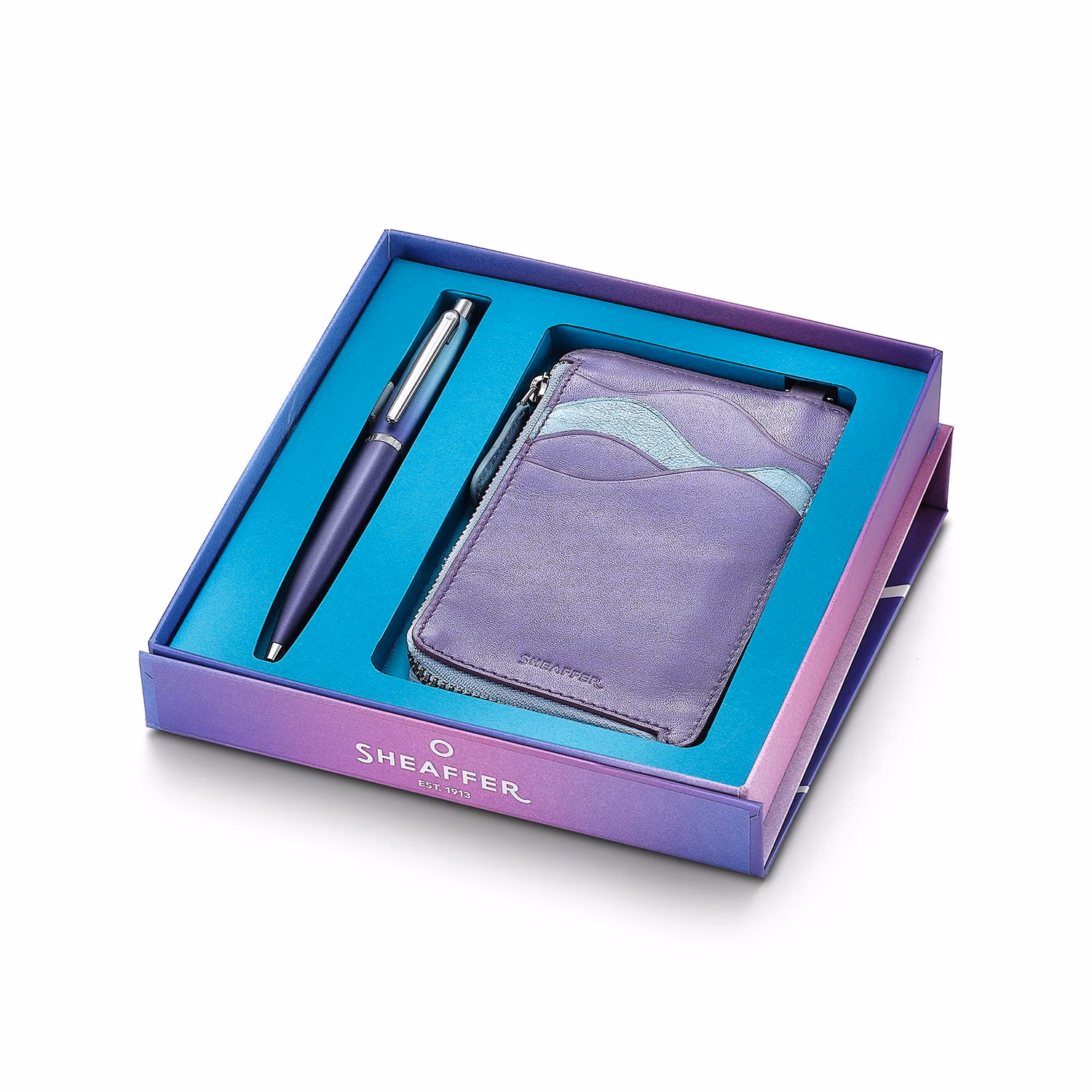 Sheaffer Gift Set . Expressions VFM Blue Purple Pearlised Gradient Genuine Leather Card Ballpoint image 1