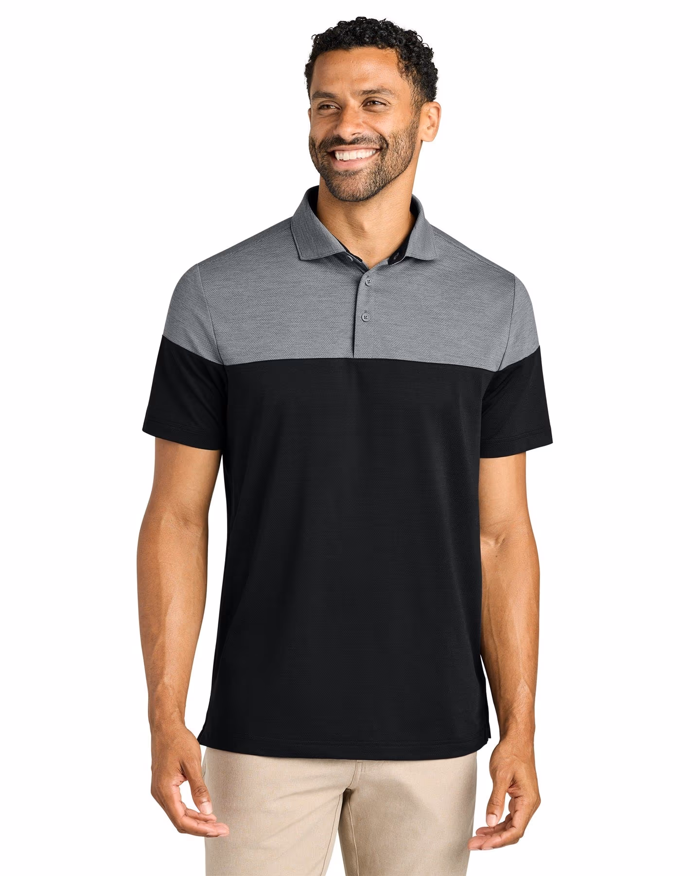 Custom TravisMathew Onward Colorblock Polo TMA42774 - Quiet Shade Grey Heather/ Black - 1