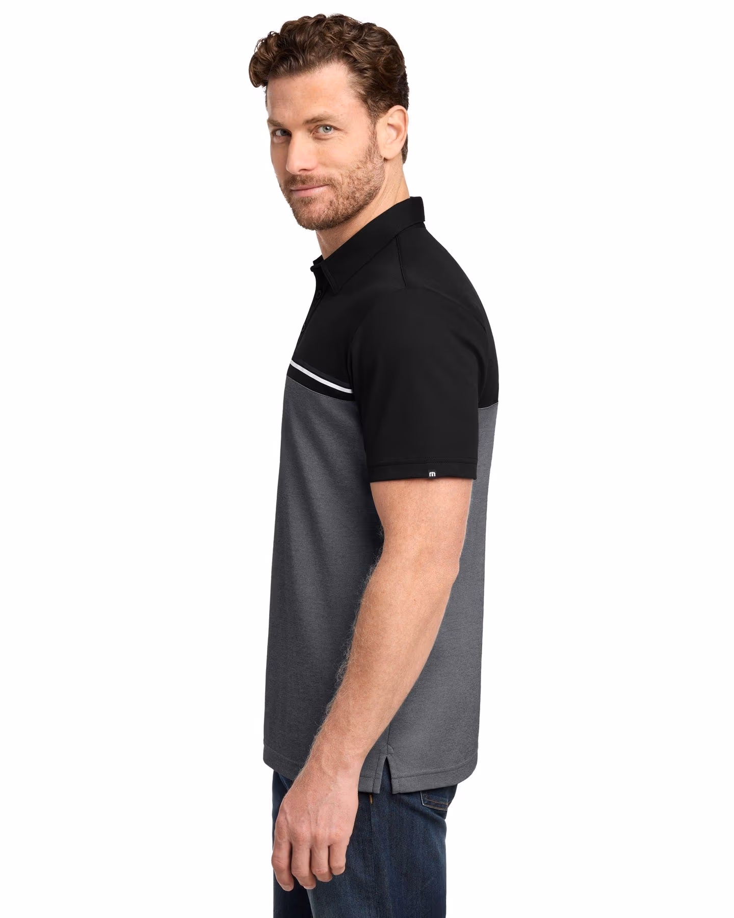 Custom TravisMathew Sunset Blocked Polo, Black/ Dark Grey Heather