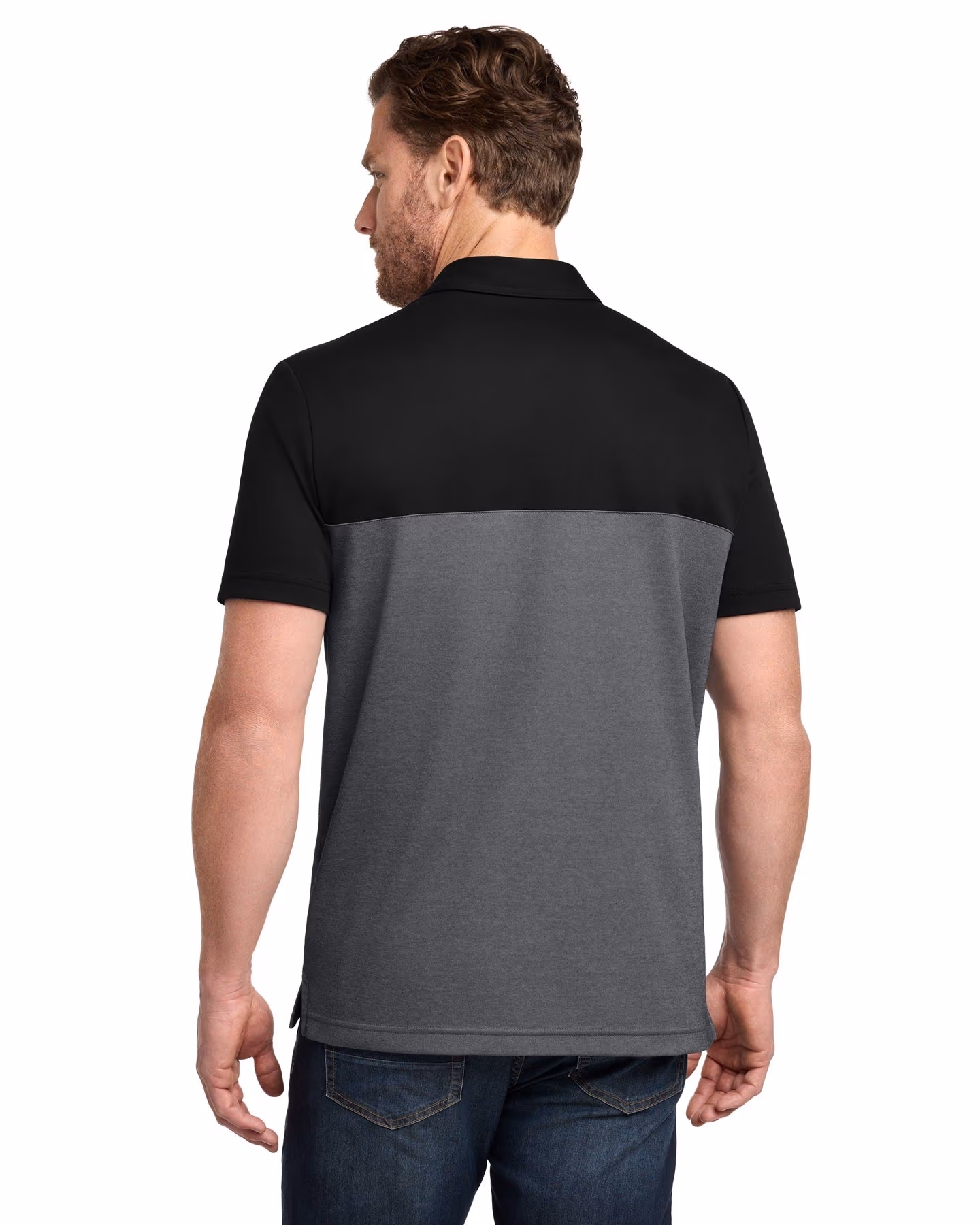 Custom TravisMathew Sunset Blocked Polo, Black/ Dark Grey Heather, front view