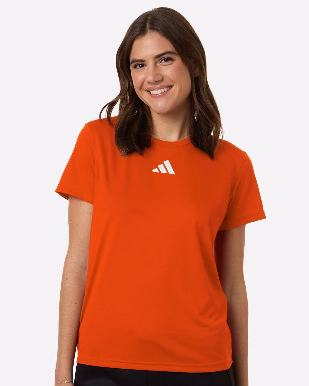 Custom Collegiate Orange/ White - Adidas Women's Pregame T-Shirt - Model Front