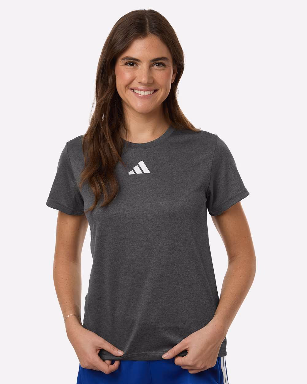 Custom Dark Grey Heather/ White - Adidas Women's Pregame T-Shirt - Model Front