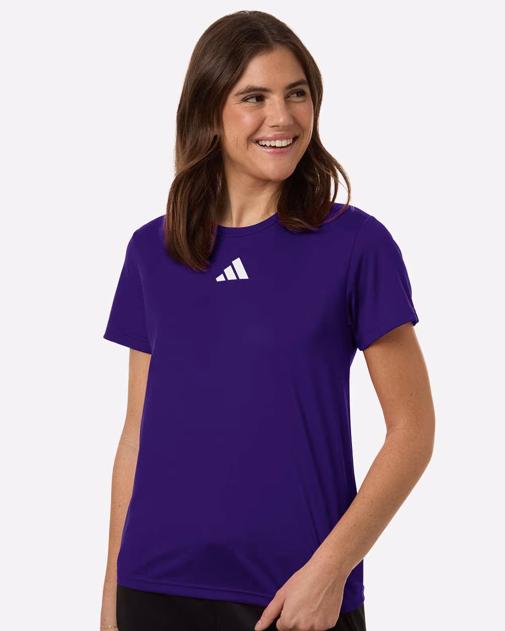 Custom Team Collegiate Purple/ White - Adidas Women's Pregame T-Shirt - Model Front
