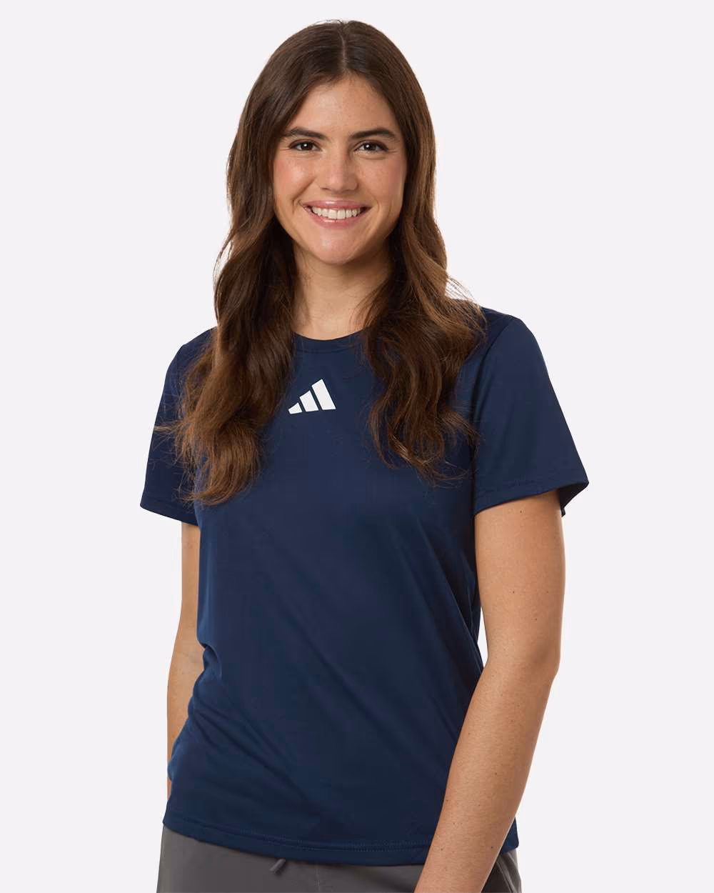 Custom Team Navy Blue/ White - Adidas Women's Pregame T-Shirt - Model Front