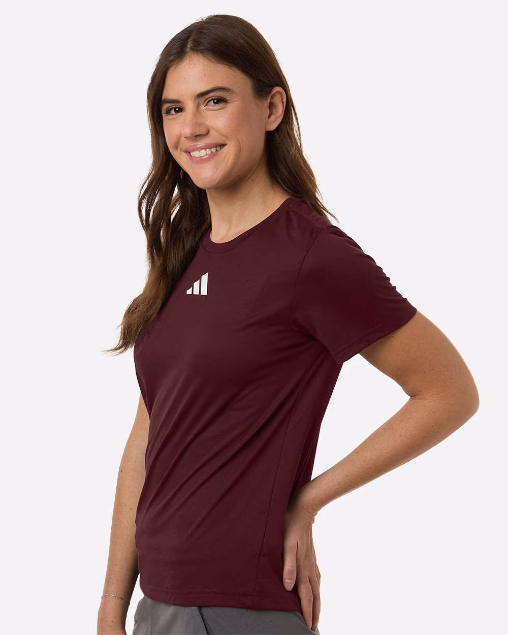 Team Maroon/ White - Adidas Women's Pregame T-Shirt - Model Side