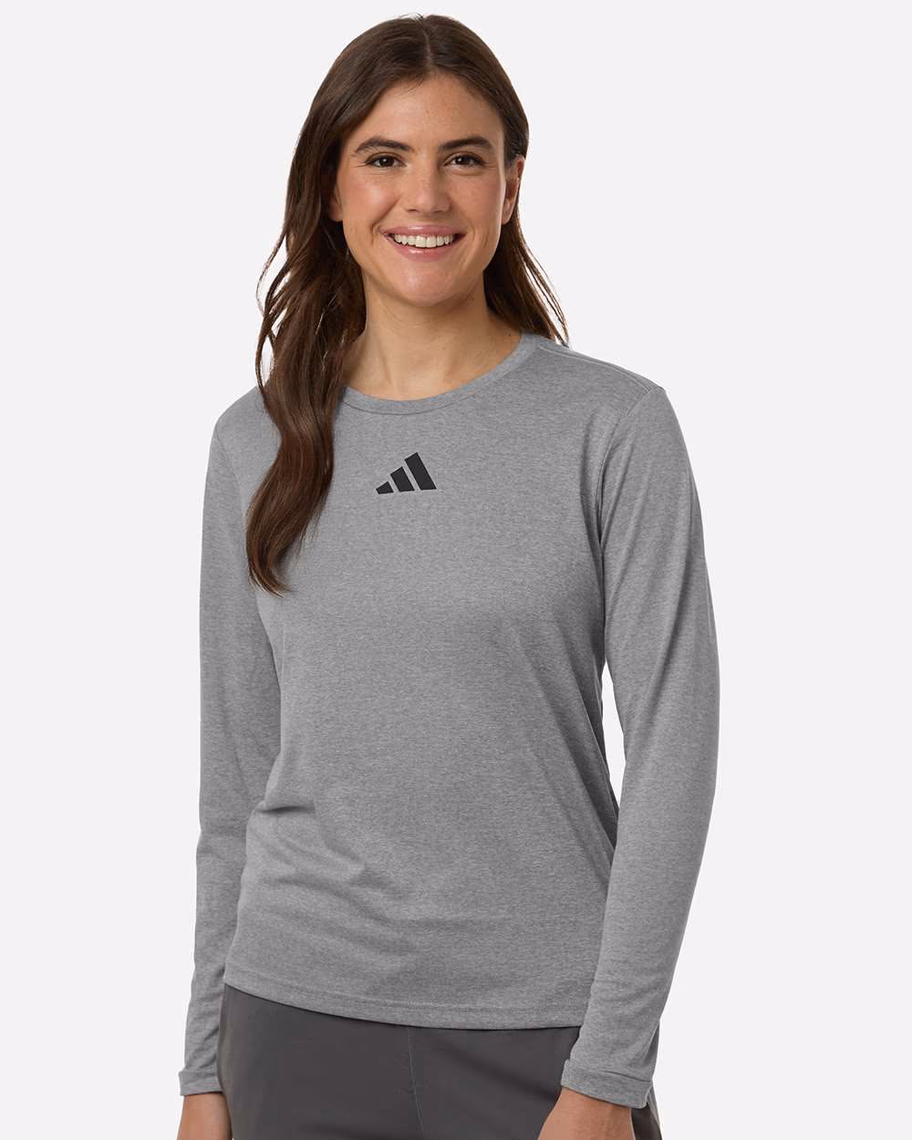 Custom Medium Grey Heather/ Black - Adidas Women's Pregame Long Sleeve T-Shirt - Model Front