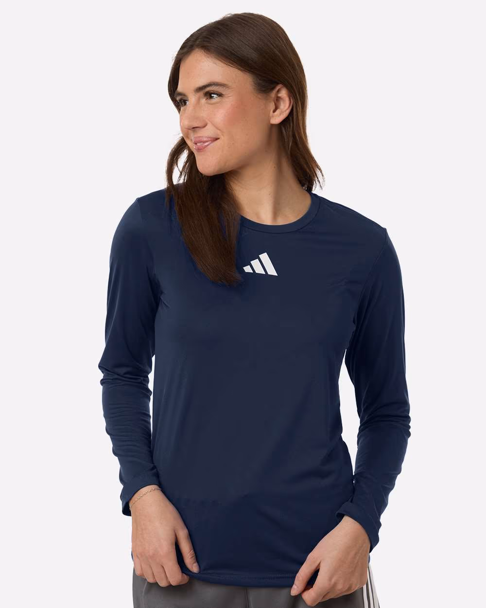 Team Navy Blue/ White - Adidas Women's Pregame Long Sleeve T-Shirt - Model Front