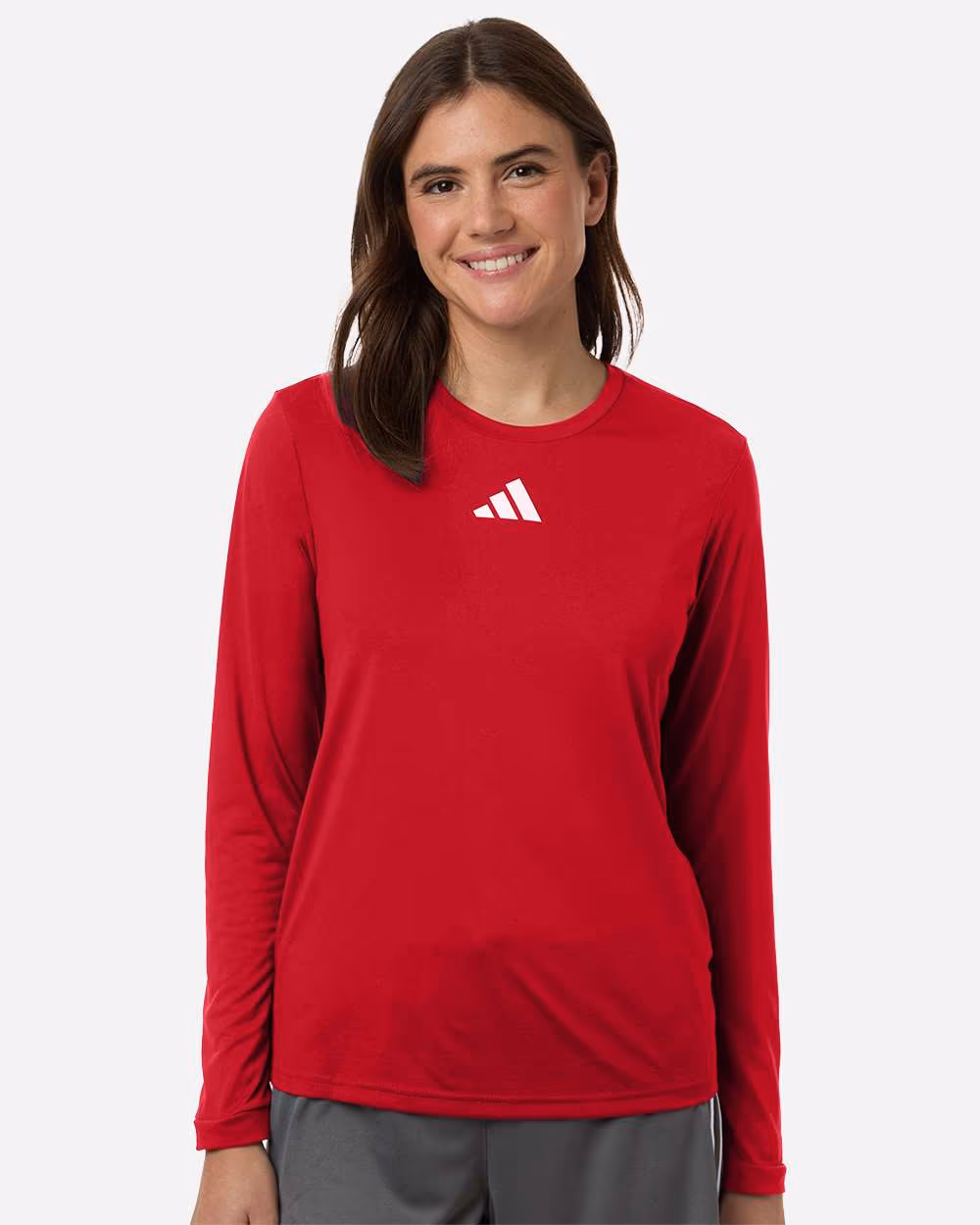Custom Team Power Red/ White - Adidas Women's Pregame Long Sleeve T-Shirt - Model Front