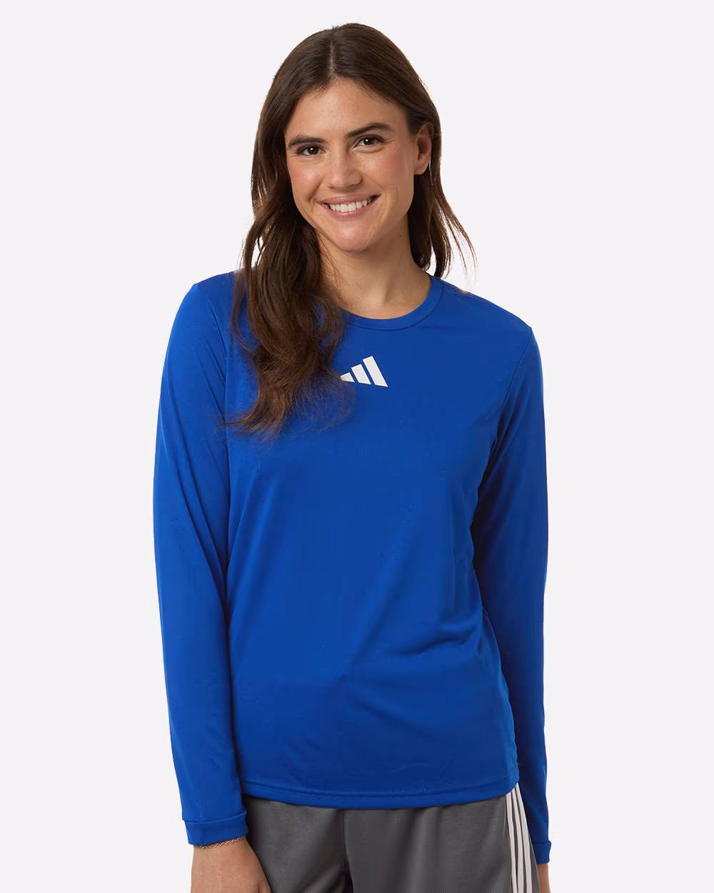 Custom Team Royal Blue/ White - Adidas Women's Pregame Long Sleeve T-Shirt - Model Front