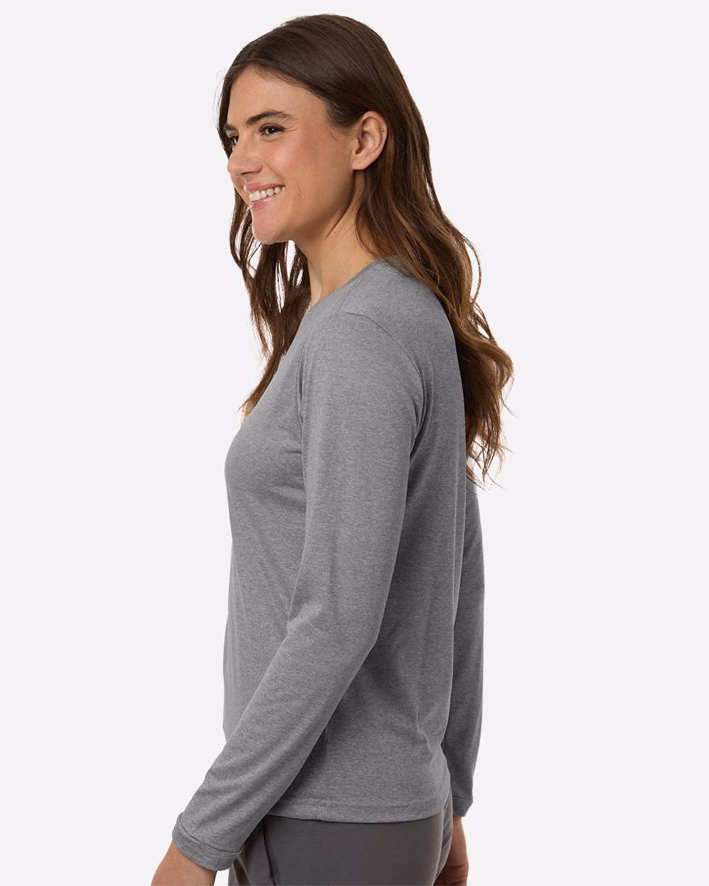 Custom Medium Grey Heather/ Black - Adidas Women's Pregame Long Sleeve T-Shirt - Model Side