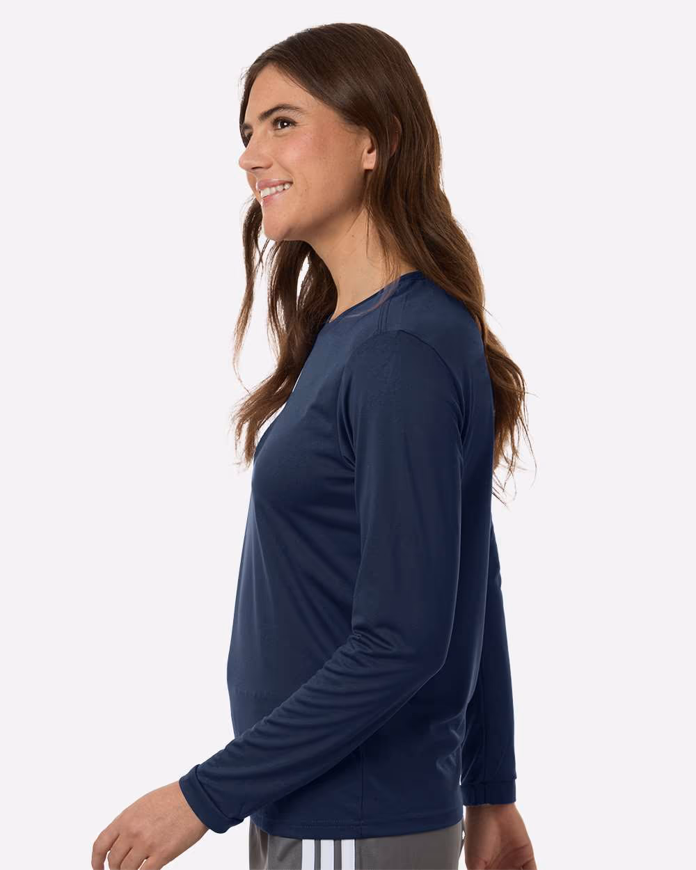 Team Navy Blue/ White - Adidas Women's Pregame Long Sleeve T-Shirt - Model Side