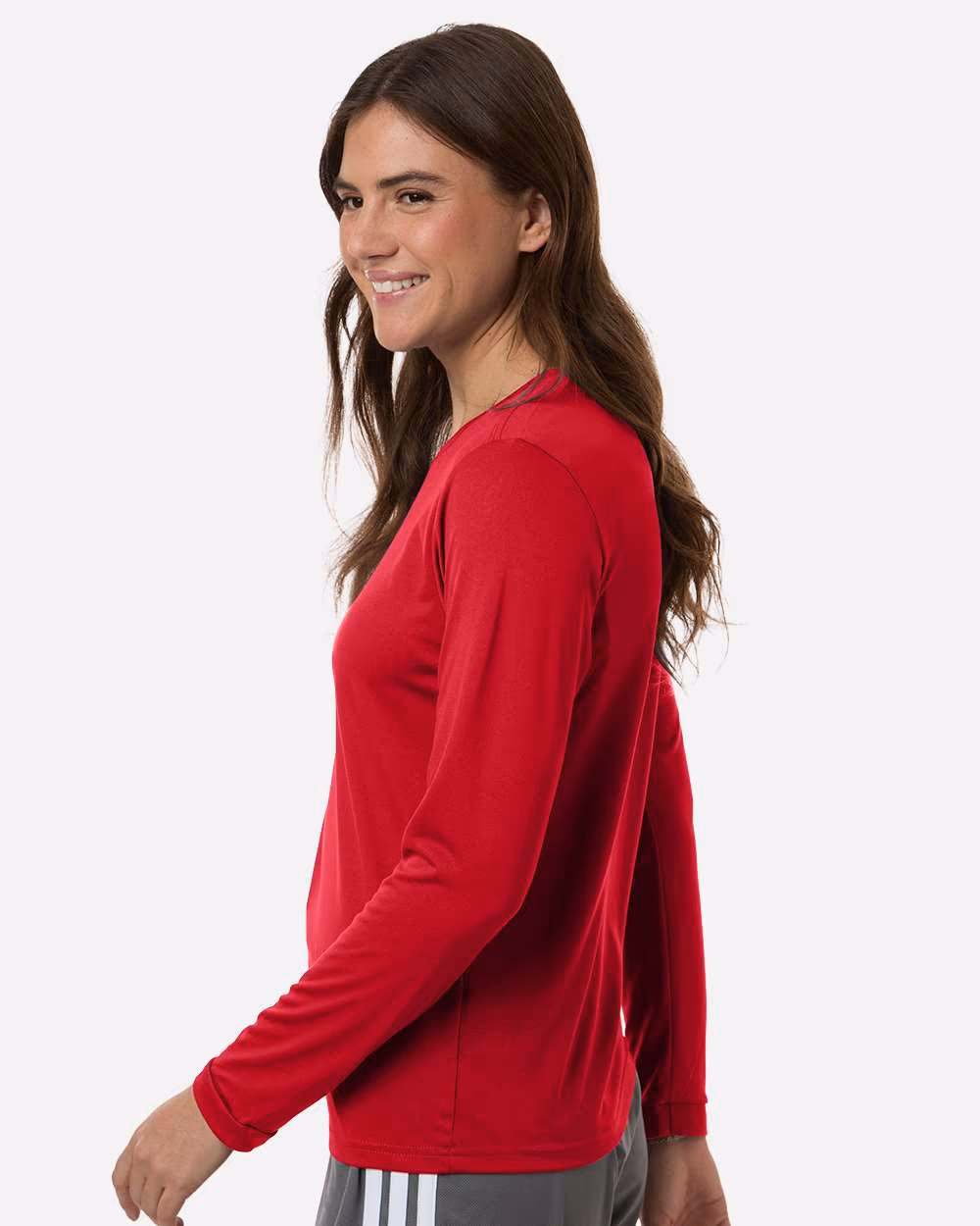 Team Power Red/ White - Adidas Women's Pregame Long Sleeve T-Shirt - Model Side