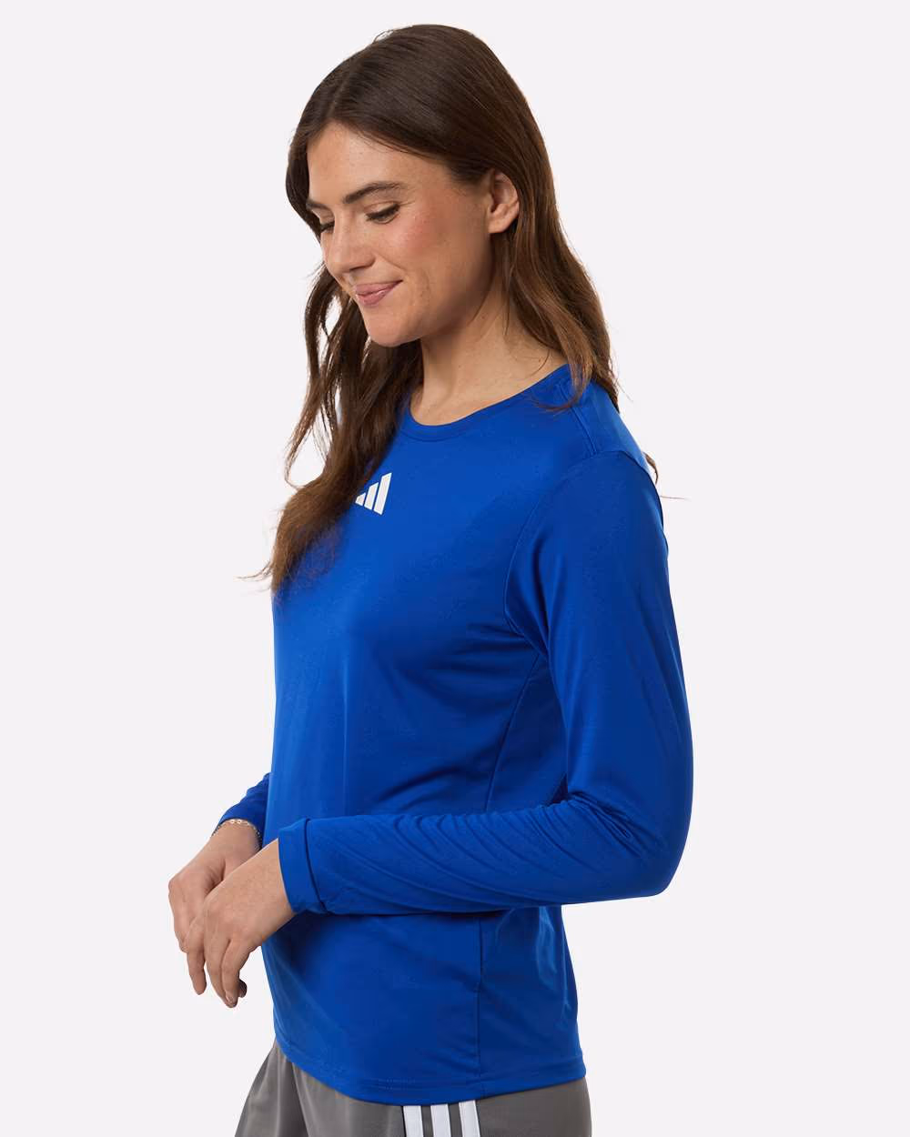 Team Royal Blue/ White - Adidas Women's Pregame Long Sleeve T-Shirt - Model Side