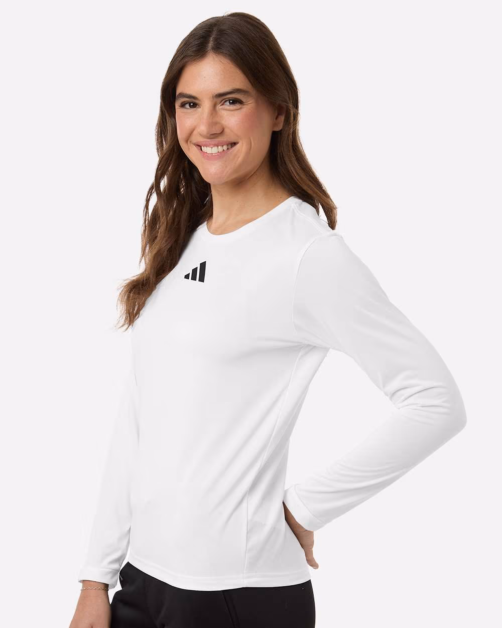 White/ Black - Adidas Women's Pregame Long Sleeve T-Shirt - Model Side