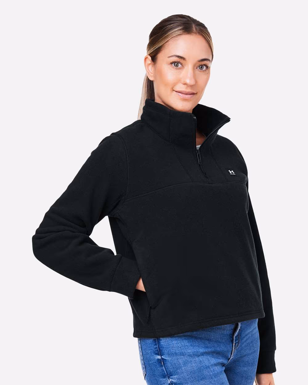 Custom Black/ Black - Under Armour Women's Expanse Fleece Half-Zip Pullover - Model Side