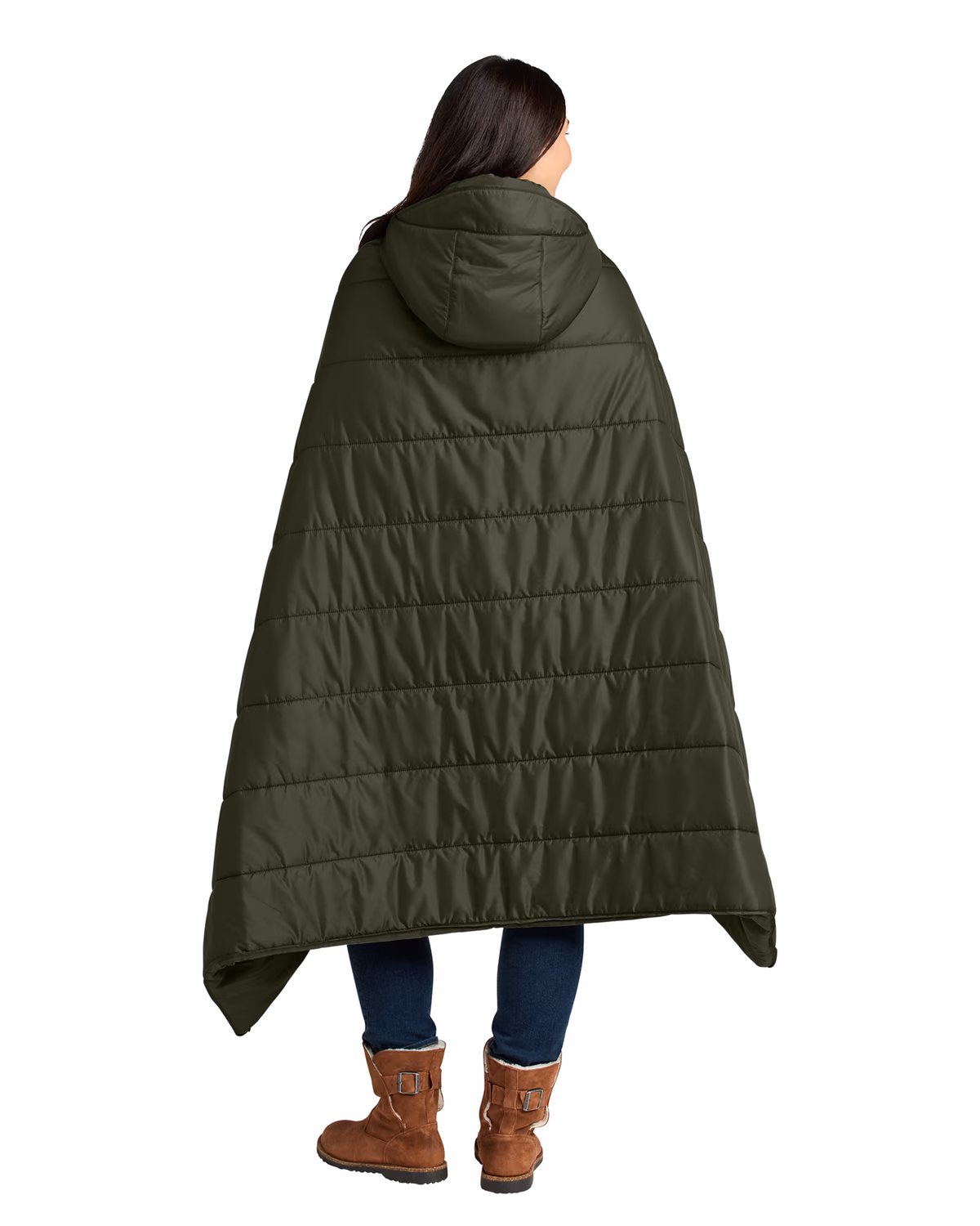 Custom Eddie Bauer Puffy Camp Poncho, Olive Green, back view