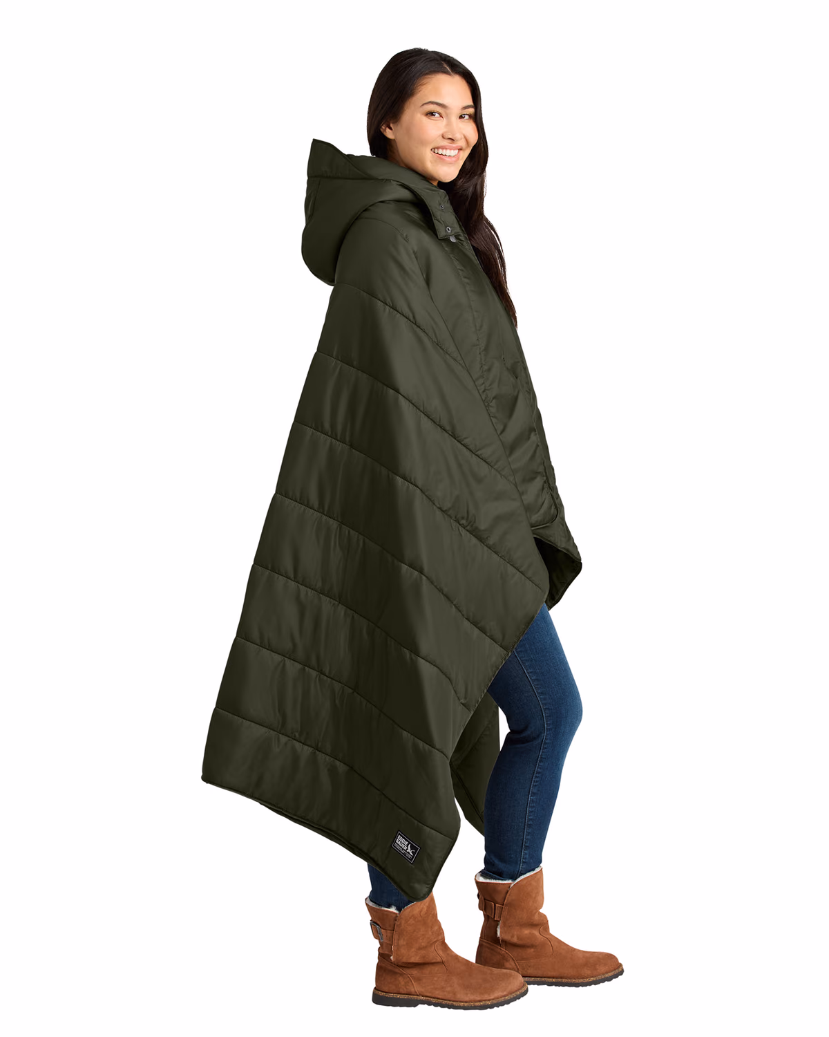 Custom Eddie Bauer Puffy Camp Poncho, Olive Green, side view