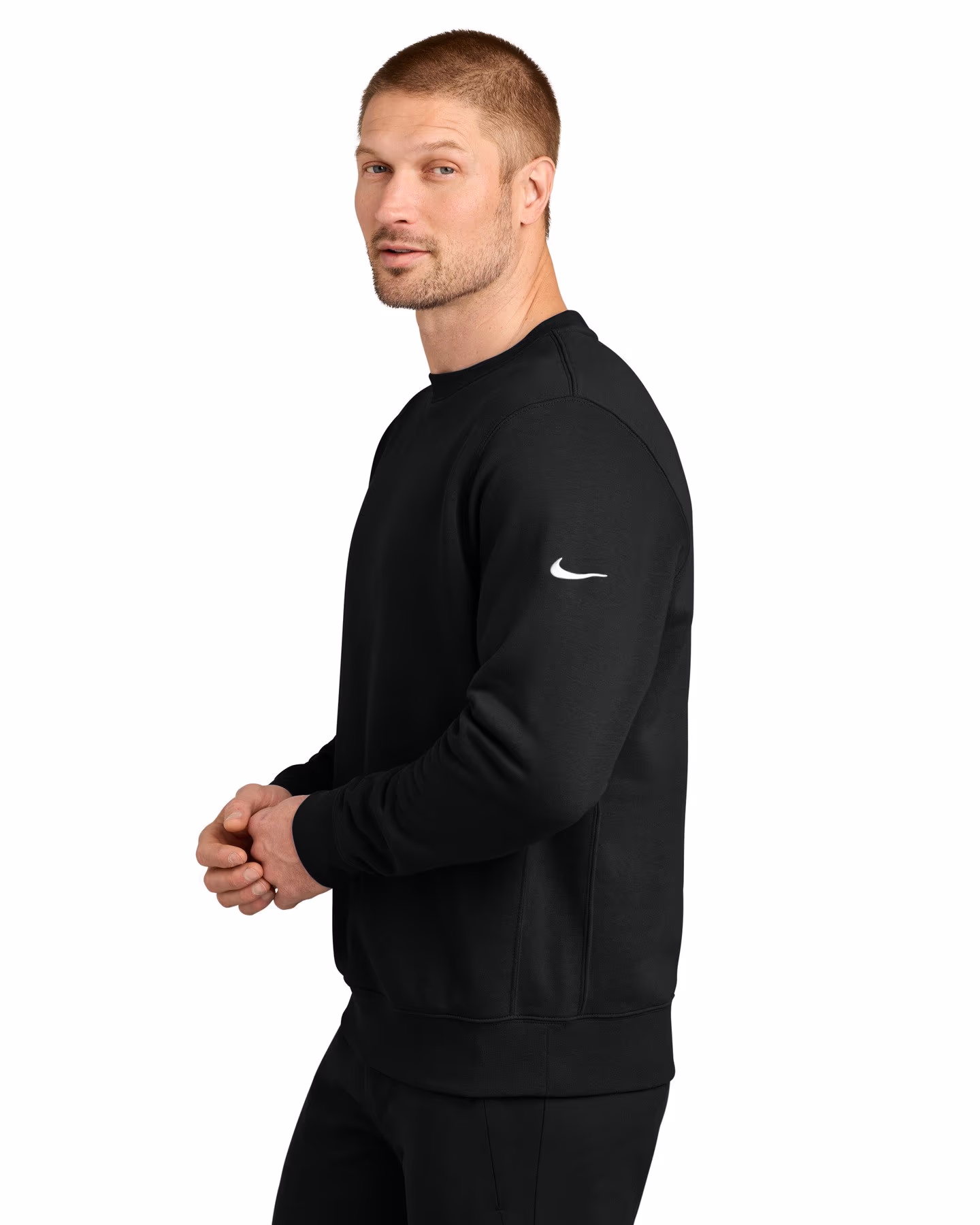 Custom Nike Club Fleece Sleeve Swoosh Crew - Black side