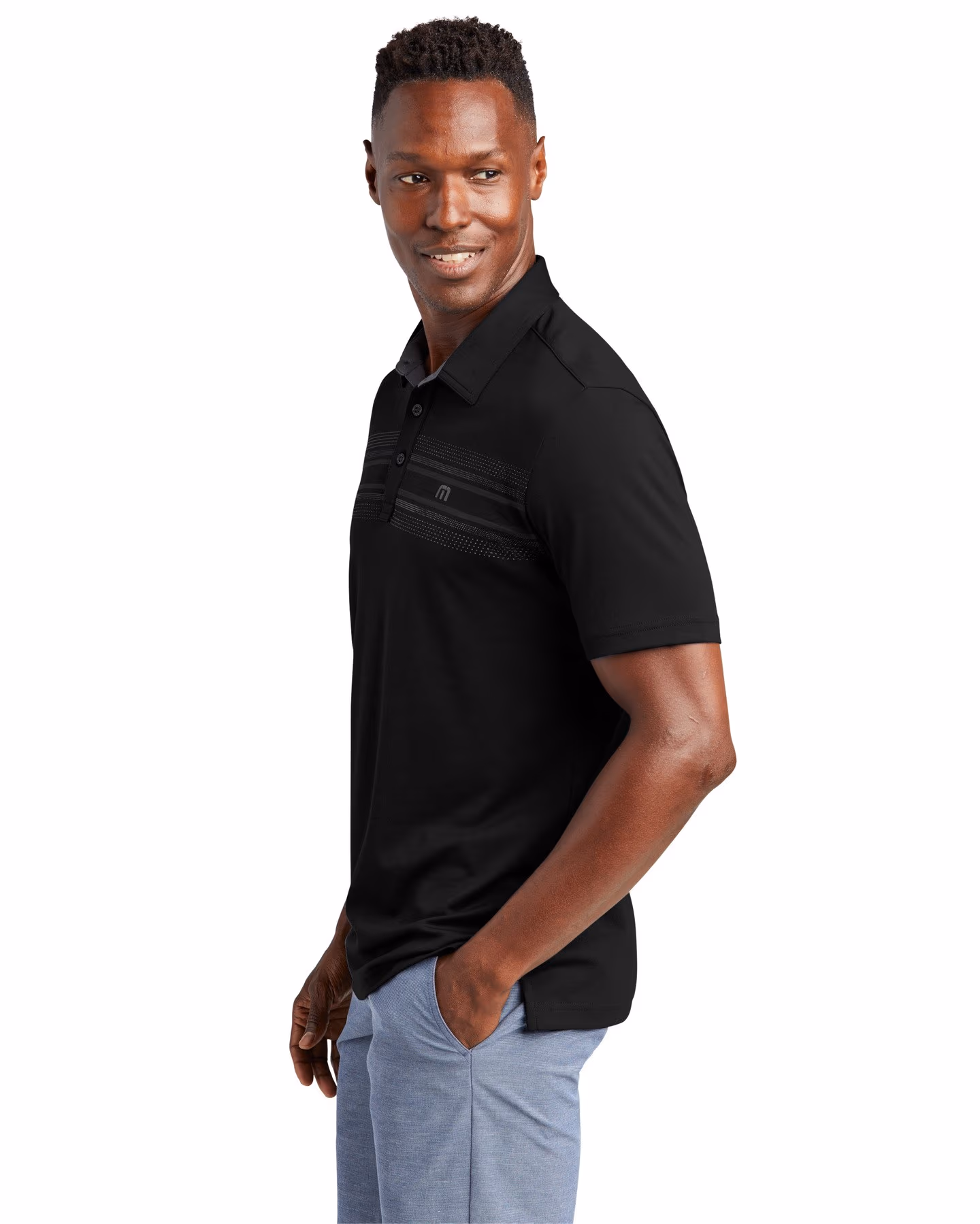 Custom TravisMathew Monterey Chest Stripe Polo - Black 3q