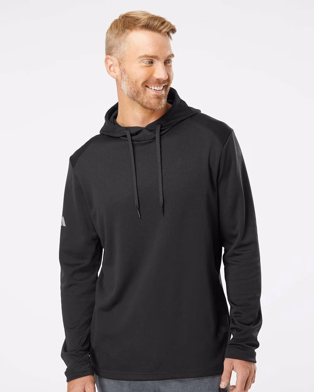 Custom Adidas Men's Textured Mixed Media Midweight Hooded Sweatshirt - Black front
