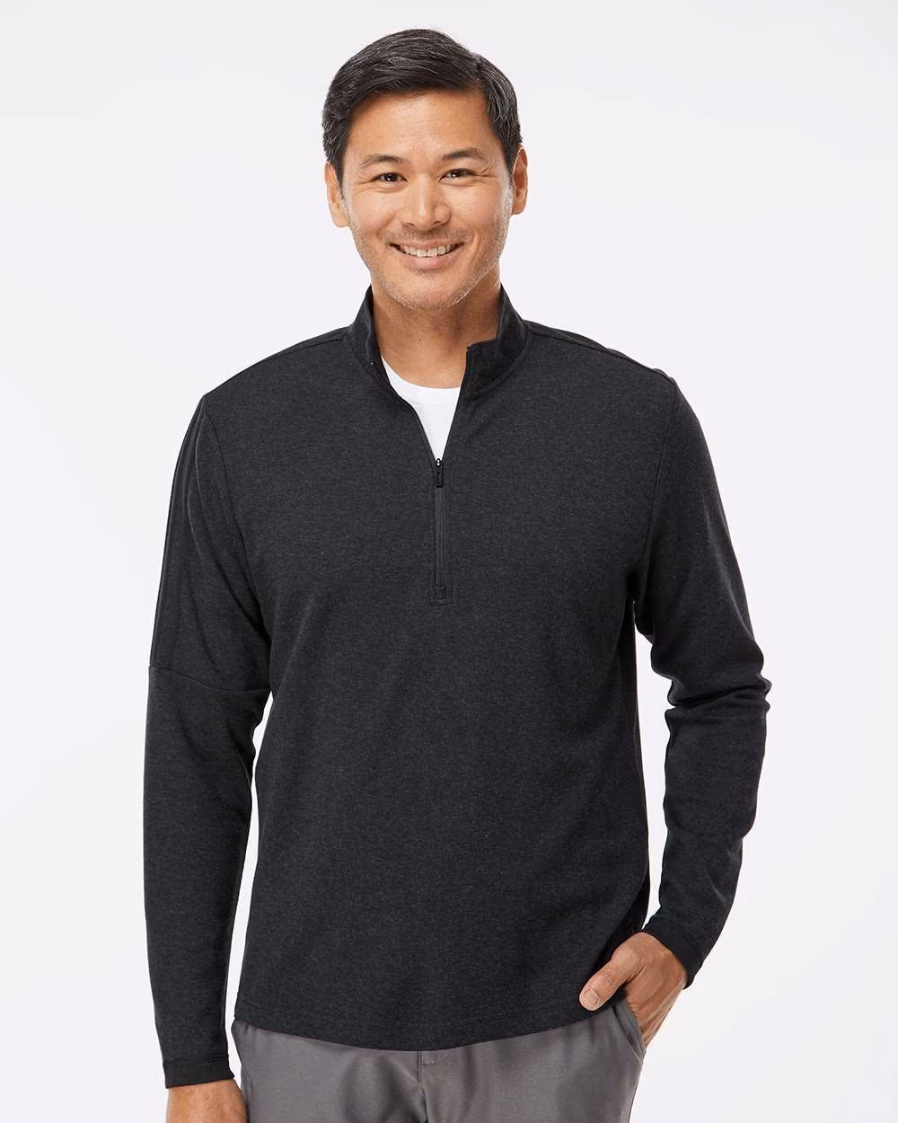 Custom Adidas Men's 3-Stripes Quarter-Zip Sweater Pullover - Black Melange front