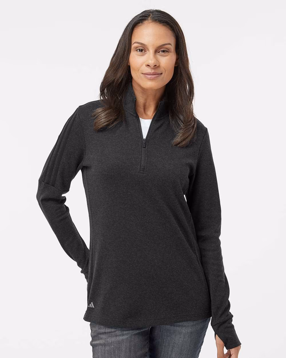 Custom Adidas Women's 3-Stripes Quarter-Zip Sweater Pullover - Black Melange front