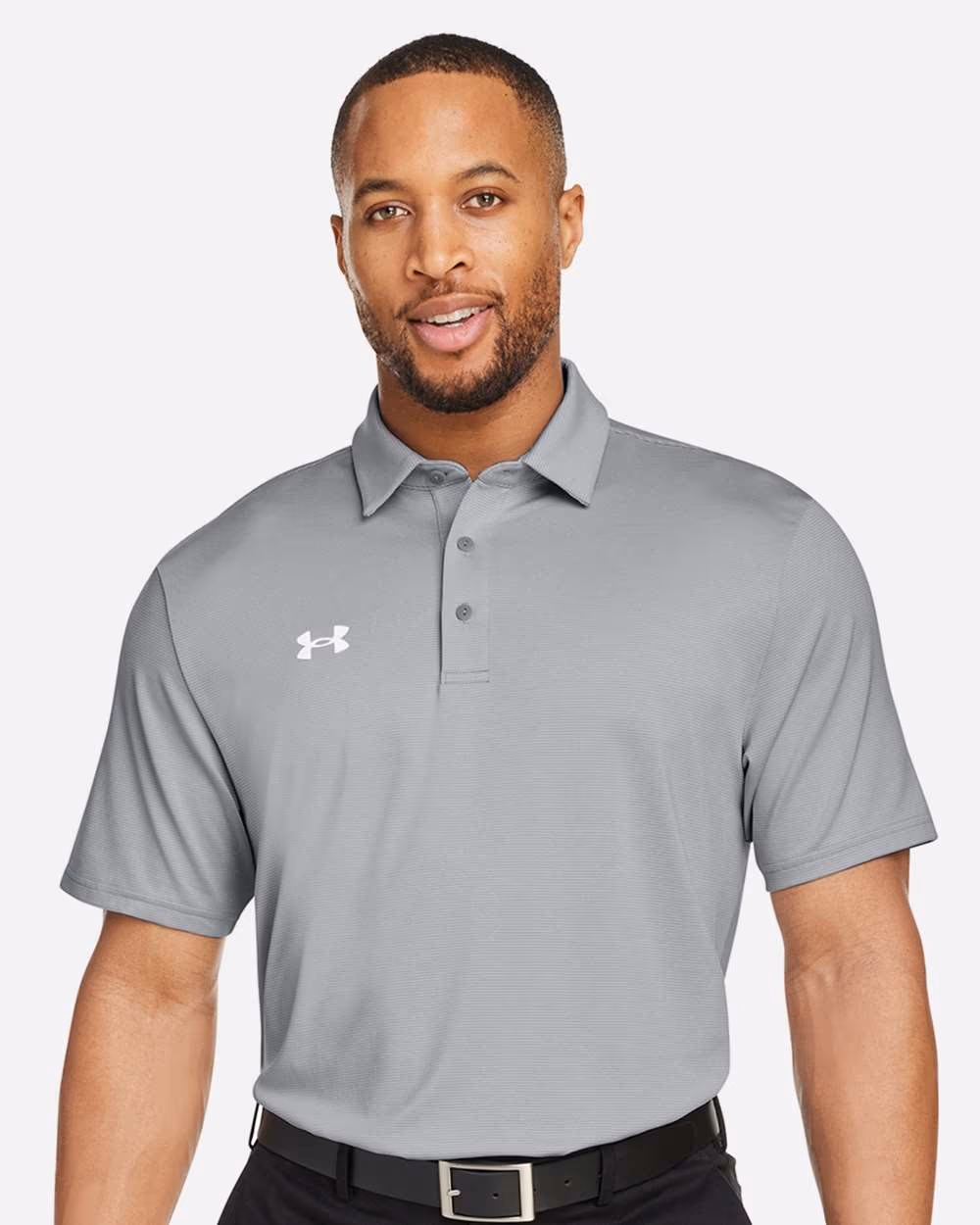 Custom Under Armour Men's Destin Drive "UA Playoff Team Stripe" Performance Polo - Mod Grey/ White front