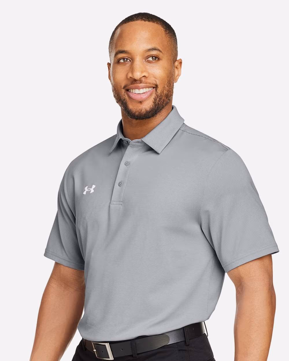 Custom Under Armour Men's Destin Drive "UA Playoff Team Stripe" Performance Polo - Mod Grey/ White side