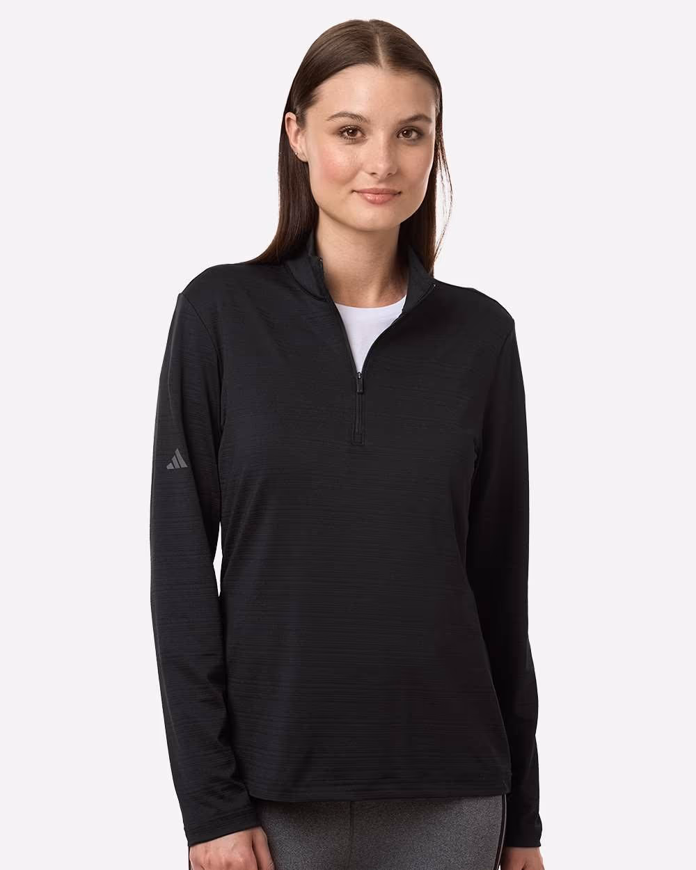Custom Adidas Women's Textured Stripe Quarter-Zip Pullover - Black front