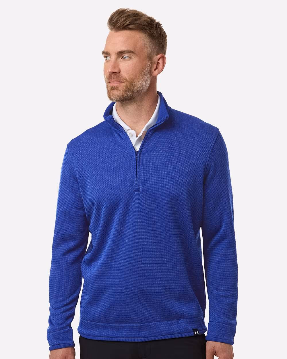 Custom Under Armour Men's Storm Sweater Fleece Quarter-Zip Pullover - Royal/ White front