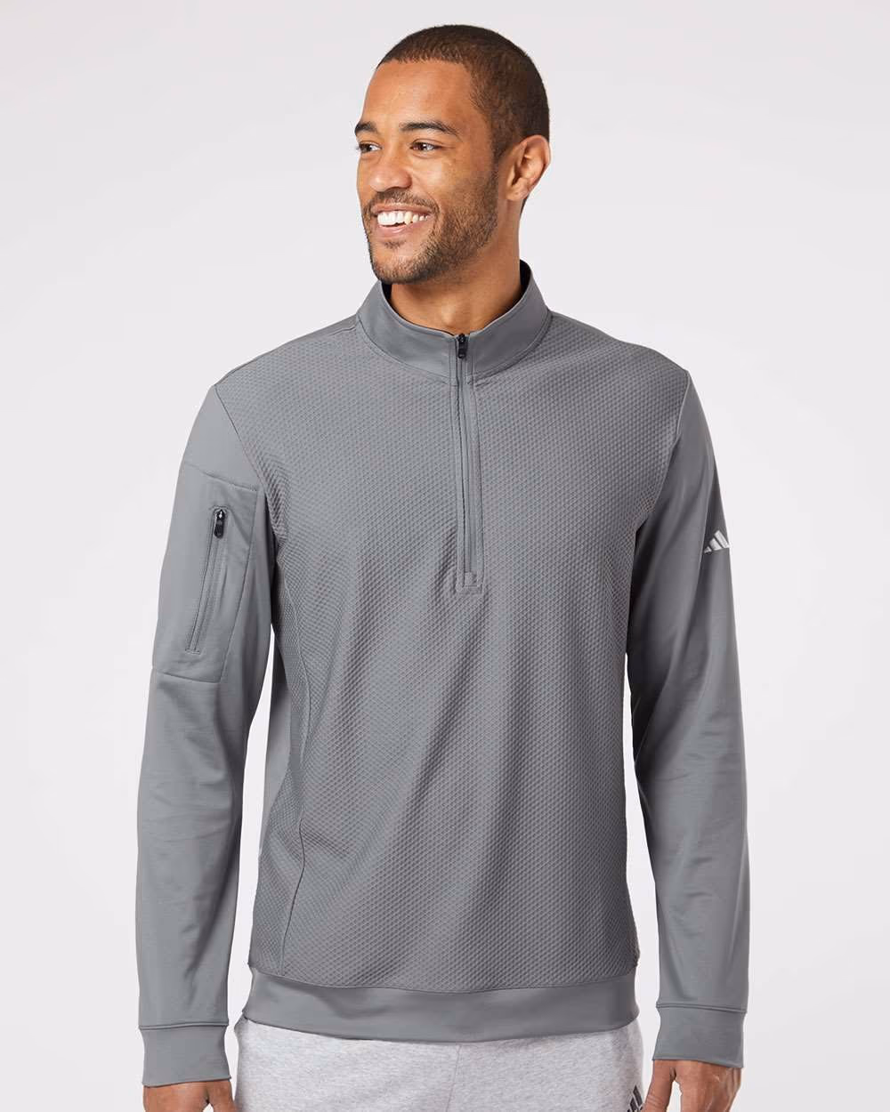 Adidas Men's Textured Quarter-Zip Pullover - Grey Three front