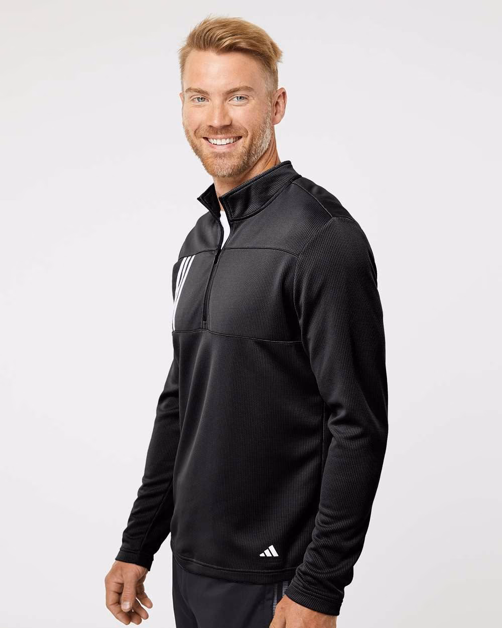 Custom Adidas Men's 3-Stripes Double-Knit Quarter-Zip Pullover - Black/ Grey Two side