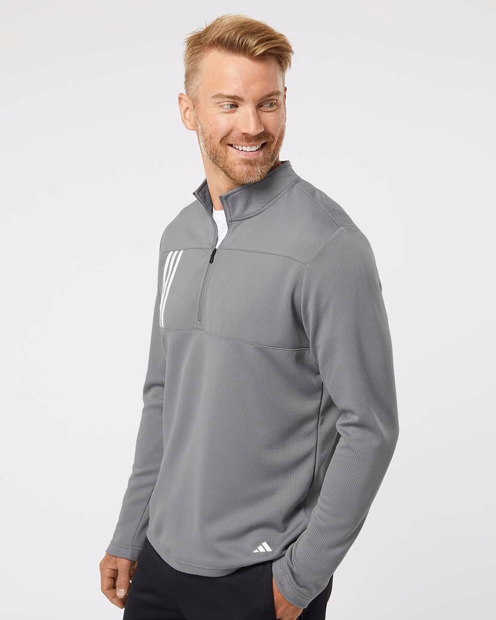 Custom Adidas Men's 3-Stripes Double-Knit Quarter-Zip Pullover - Grey Three/ White side